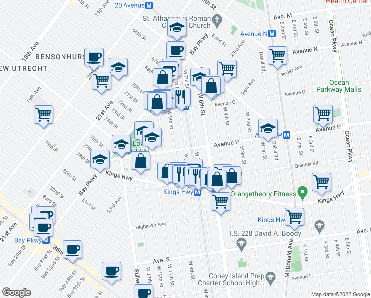 map of restaurants, bars, coffee shops, grocery stores, and more near Avenue P & West 8th Street in Brooklyn