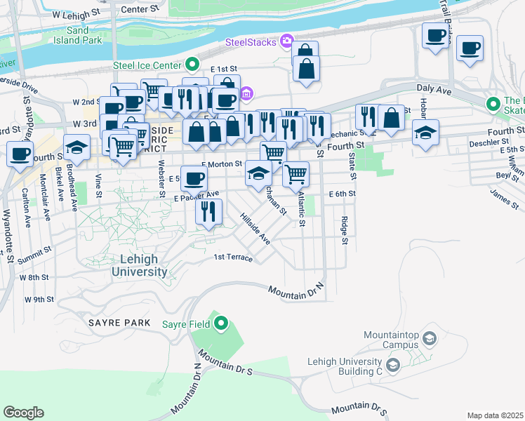 map of restaurants, bars, coffee shops, grocery stores, and more near 526 Thomas Street in Bethlehem