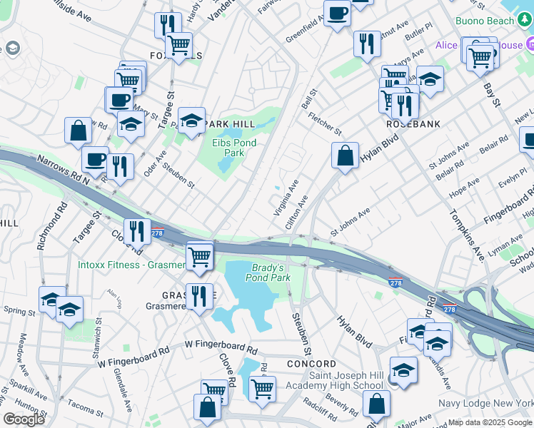 map of restaurants, bars, coffee shops, grocery stores, and more near 35 Rockwell Avenue in Staten Island