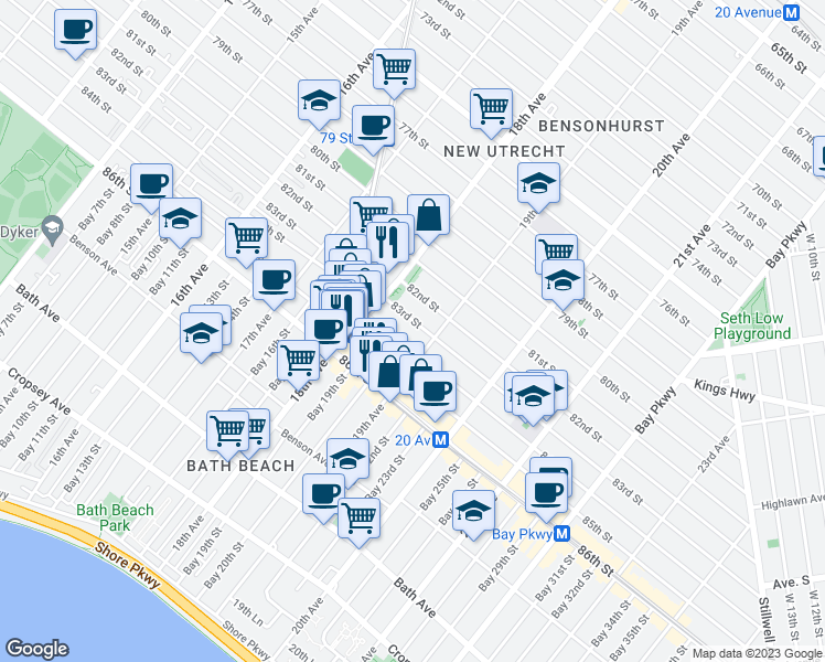 map of restaurants, bars, coffee shops, grocery stores, and more near 1848 83rd Street in Brooklyn