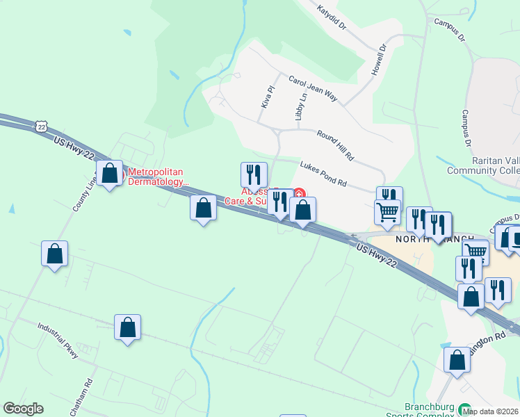 map of restaurants, bars, coffee shops, grocery stores, and more near 3366 U.S. 22 in Branchburg