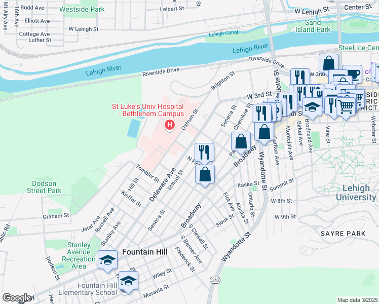map of restaurants, bars, coffee shops, grocery stores, and more near 736 Delaware Avenue in Fountain Hill