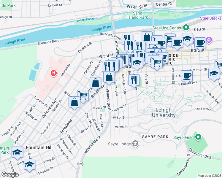 map of restaurants, bars, coffee shops, grocery stores, and more near 520 Pennsylvania 378 in Bethlehem