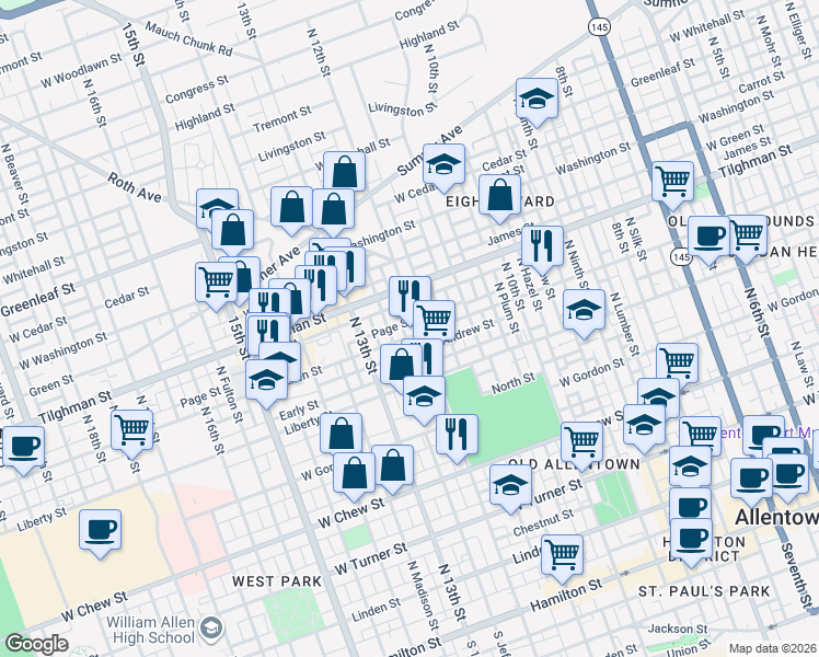 map of restaurants, bars, coffee shops, grocery stores, and more near 612 North 12th Street in Allentown