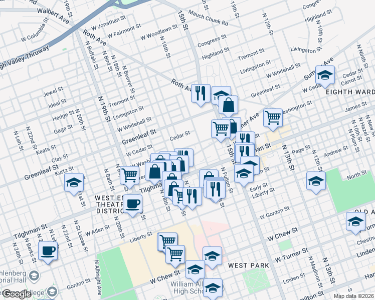 map of restaurants, bars, coffee shops, grocery stores, and more near 1628 West Washington Street in Allentown
