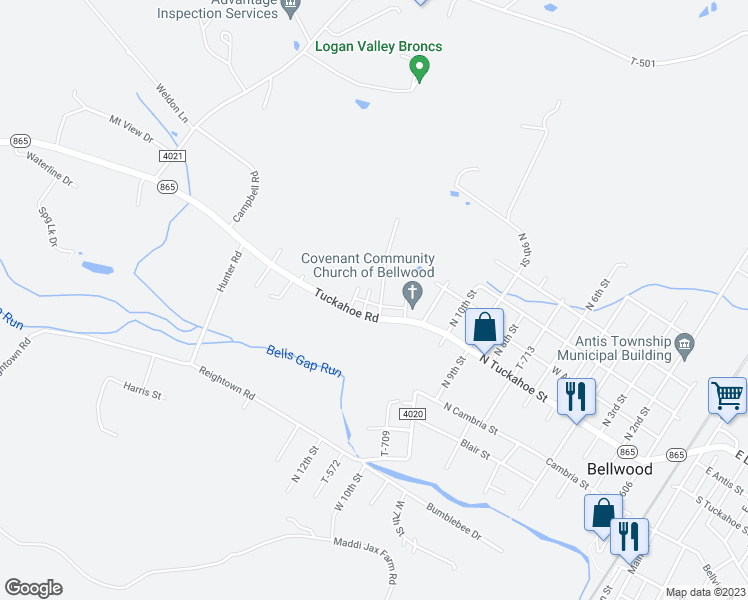 map of restaurants, bars, coffee shops, grocery stores, and more near 618 North 13th Street in Tyrone