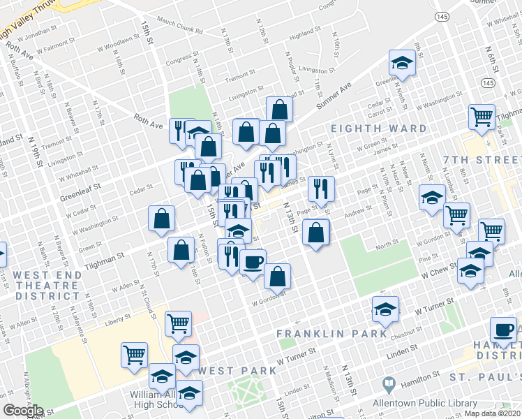 map of restaurants, bars, coffee shops, grocery stores, and more near 1399 Utica Street in Allentown