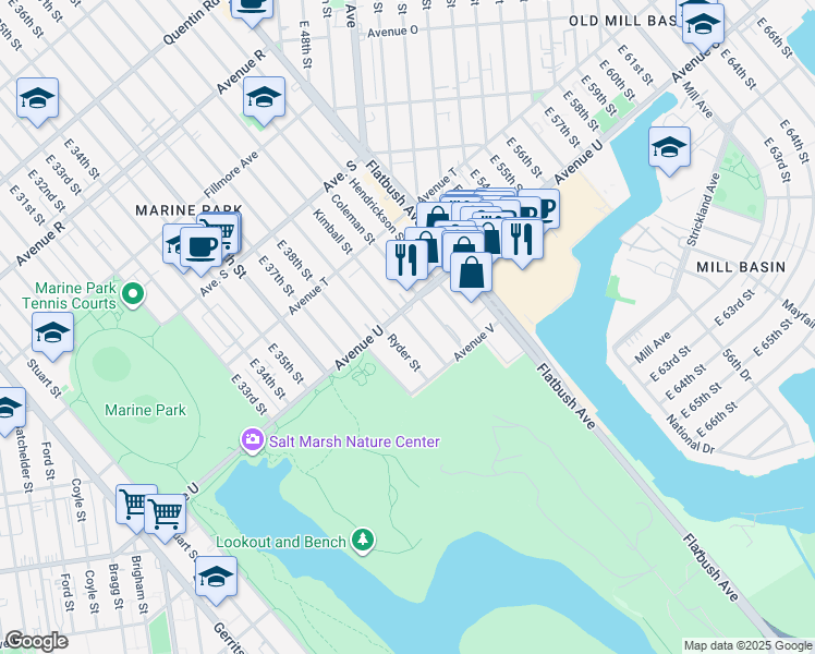 map of restaurants, bars, coffee shops, grocery stores, and more near 2216 Kimball Street in Brooklyn