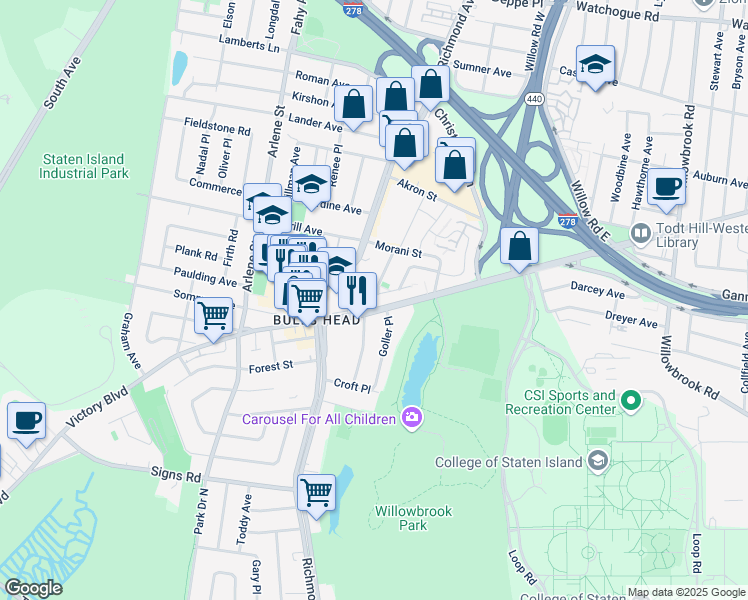 map of restaurants, bars, coffee shops, grocery stores, and more near 74 Gary Court in Staten Island