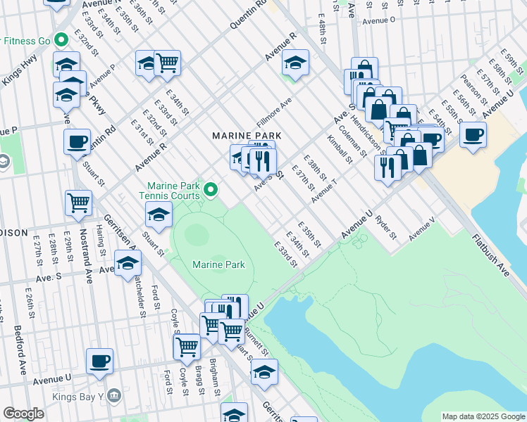 map of restaurants, bars, coffee shops, grocery stores, and more near 2040 East 34th Street in Brooklyn