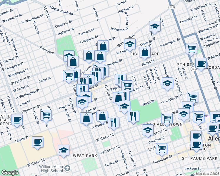map of restaurants, bars, coffee shops, grocery stores, and more near 617 North Richland Street in Allentown