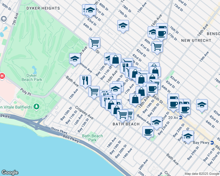 map of restaurants, bars, coffee shops, grocery stores, and more near 86 Bay 13th Street in Brooklyn