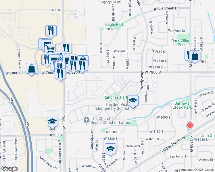 map of restaurants, bars, coffee shops, grocery stores, and more near 5302 Ranches Loop Road in West Jordan