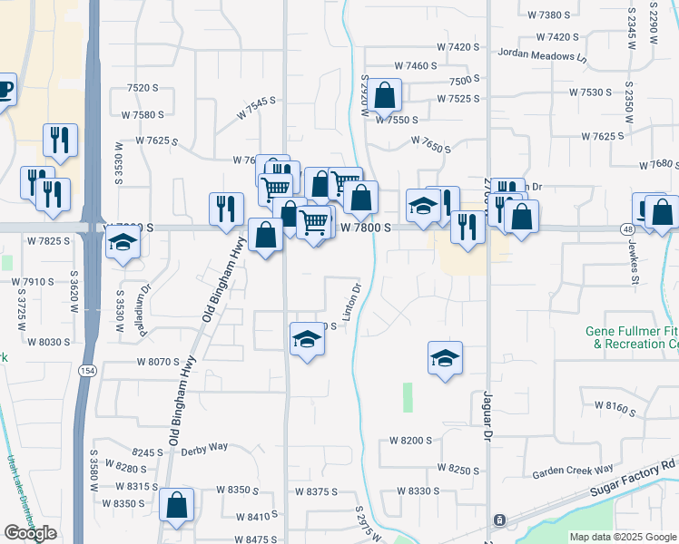 map of restaurants, bars, coffee shops, grocery stores, and more near 3066 Linton Drive in West Jordan