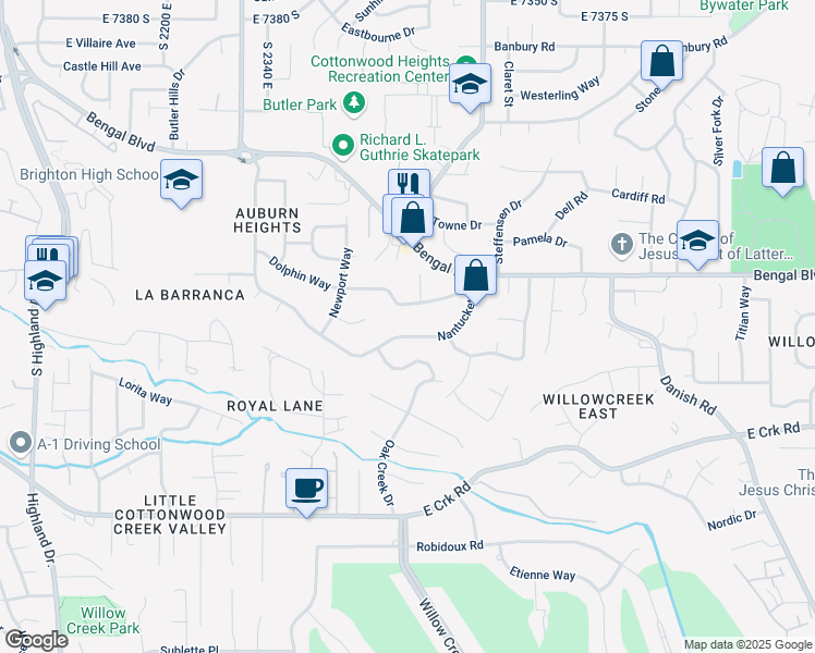 map of restaurants, bars, coffee shops, grocery stores, and more near 2553 Nantucket Drive in Cottonwood Heights