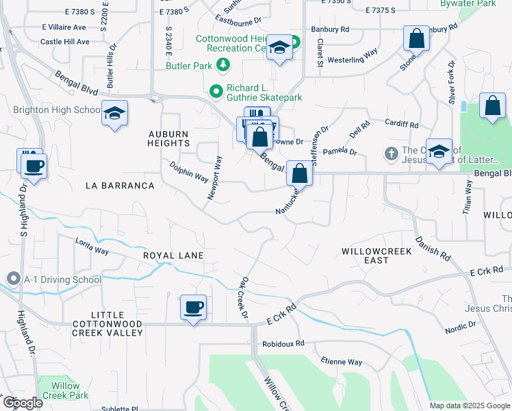 map of restaurants, bars, coffee shops, grocery stores, and more near 2553 Nantucket Drive in Cottonwood Heights