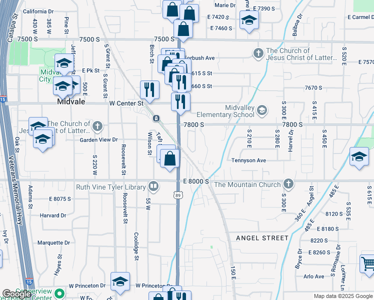map of restaurants, bars, coffee shops, grocery stores, and more near 7894 Spring Station Way in Midvale