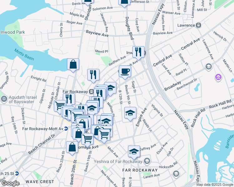 map of restaurants, bars, coffee shops, grocery stores, and more near 1240 12 Street in Queens