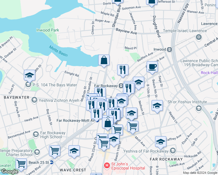 map of restaurants, bars, coffee shops, grocery stores, and more near 21-30 Nameoke Avenue in Queens