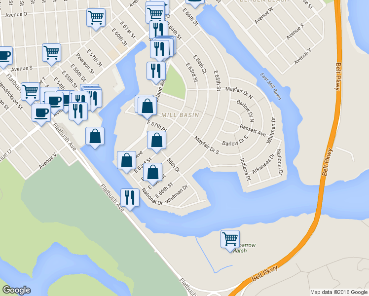 map of restaurants, bars, coffee shops, grocery stores, and more near 2641 East 64th Street in Brooklyn