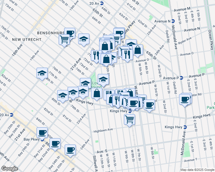 map of restaurants, bars, coffee shops, grocery stores, and more near 1587 West 11th Street in Brooklyn