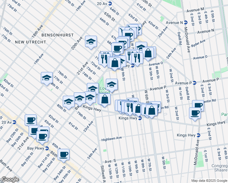 map of restaurants, bars, coffee shops, grocery stores, and more near 1587 West 11th Street in Brooklyn