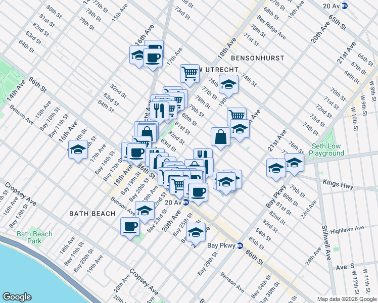 map of restaurants, bars, coffee shops, grocery stores, and more near 1902 82nd Street in Brooklyn