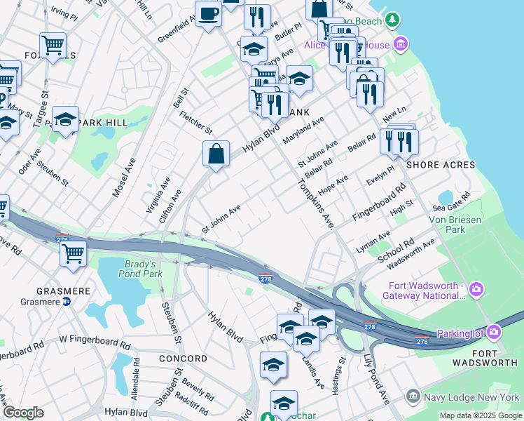 map of restaurants, bars, coffee shops, grocery stores, and more near 28 Wagner Street in Staten Island