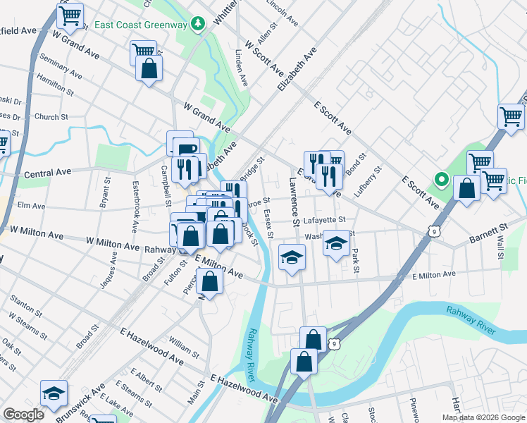 map of restaurants, bars, coffee shops, grocery stores, and more near 1657 Essex Street in Rahway