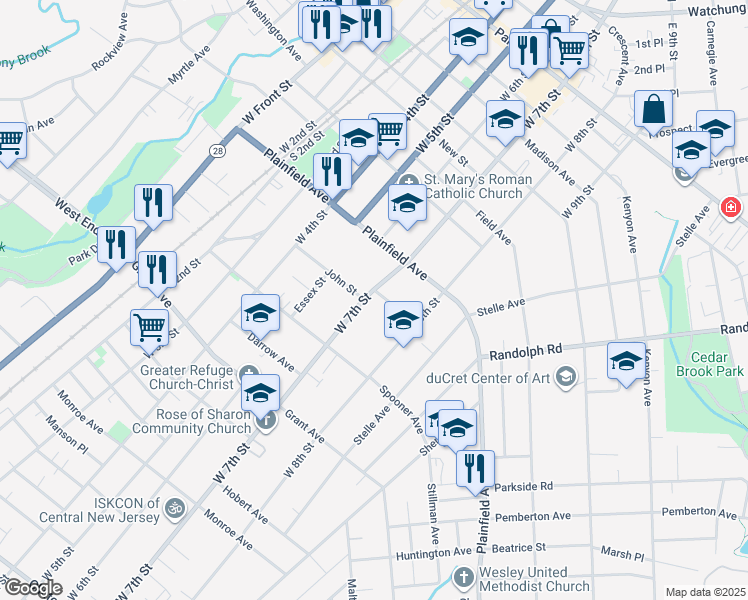 map of restaurants, bars, coffee shops, grocery stores, and more near 637 West 7th Street in Plainfield
