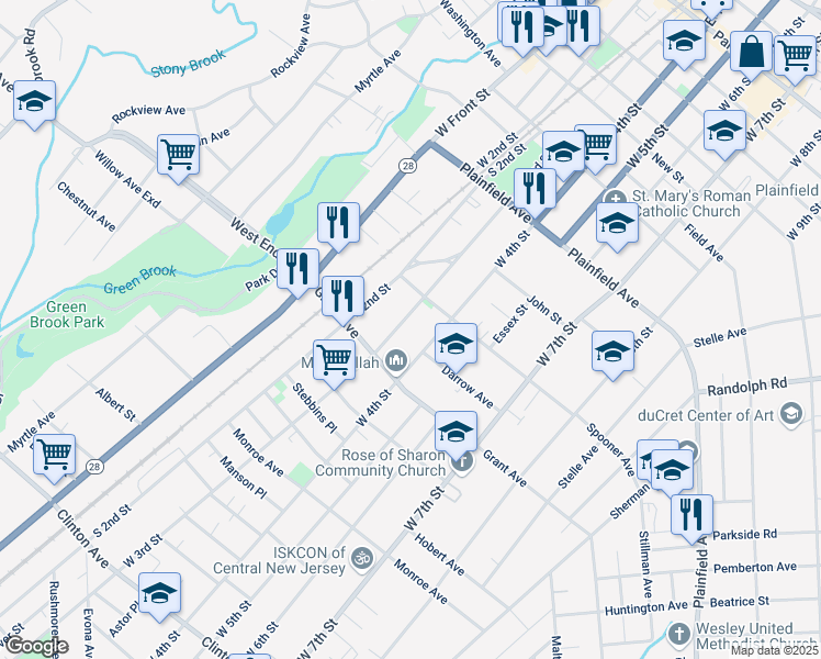 map of restaurants, bars, coffee shops, grocery stores, and more near 714 West 4th Street in Plainfield