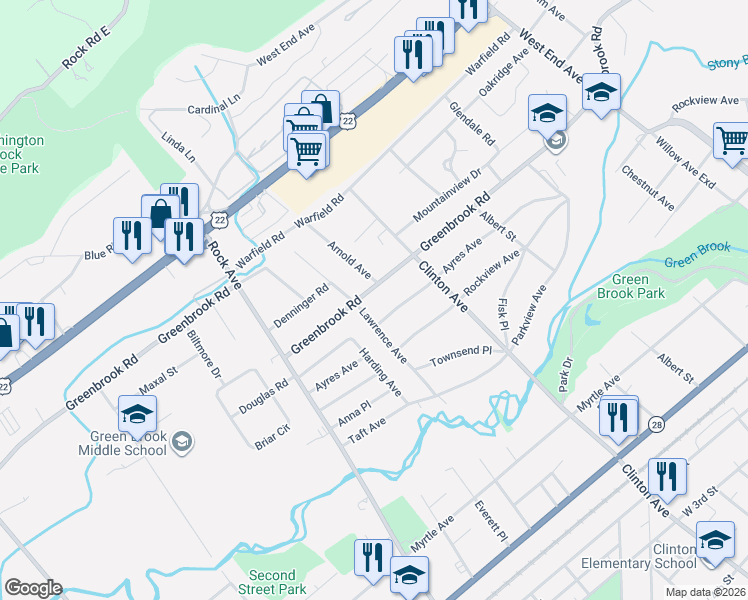map of restaurants, bars, coffee shops, grocery stores, and more near 242 Lawrence Avenue in North Plainfield