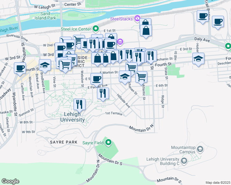 map of restaurants, bars, coffee shops, grocery stores, and more near 567 Hillside Avenue in Bethlehem