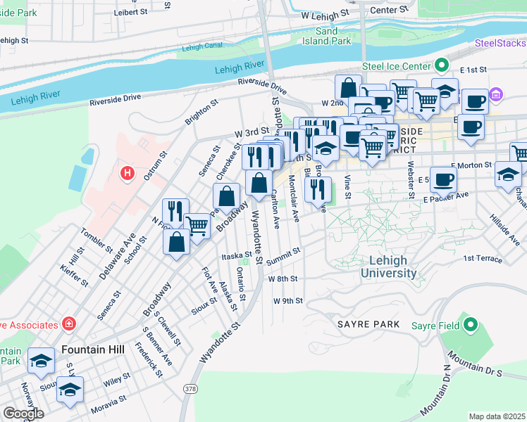 map of restaurants, bars, coffee shops, grocery stores, and more near 520 Pennsylvania 378 in Bethlehem