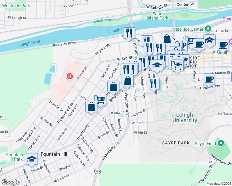 map of restaurants, bars, coffee shops, grocery stores, and more near 613 Pawnee Street in Bethlehem