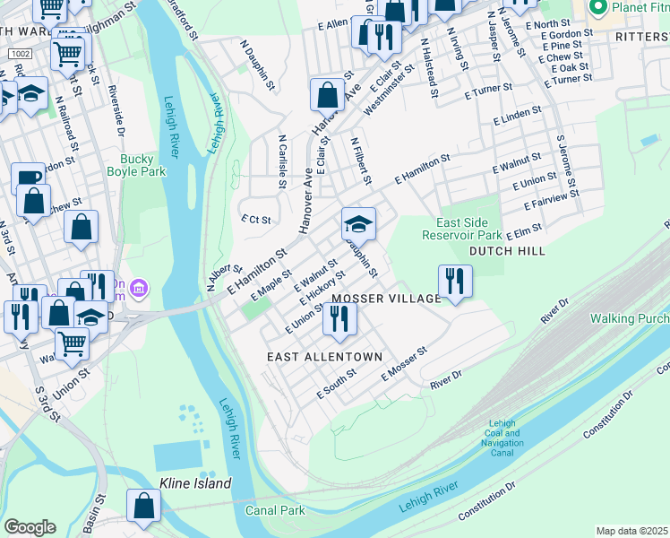 map of restaurants, bars, coffee shops, grocery stores, and more near 306 East Walnut Street in Allentown