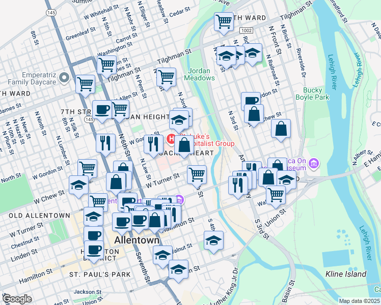 map of restaurants, bars, coffee shops, grocery stores, and more near 235 North Elliger Street in Allentown