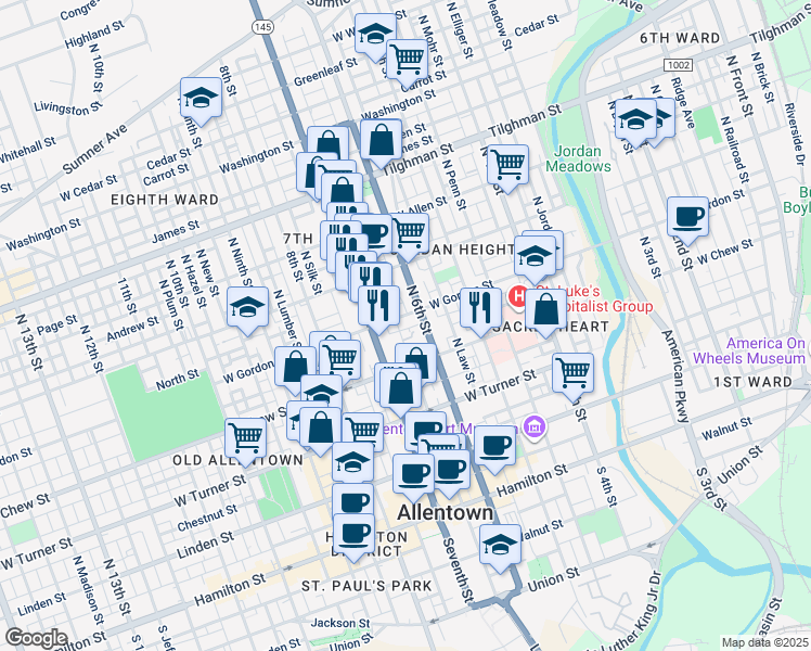 map of restaurants, bars, coffee shops, grocery stores, and more near 338 North 6th Street in Allentown