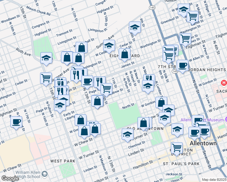 map of restaurants, bars, coffee shops, grocery stores, and more near in Allentown