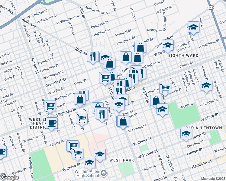 map of restaurants, bars, coffee shops, grocery stores, and more near 8257 North Franklin Street in Allentown