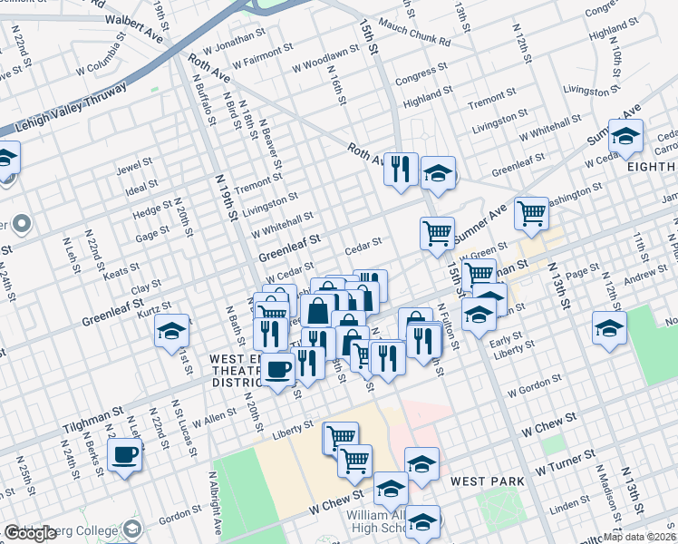 map of restaurants, bars, coffee shops, grocery stores, and more near 810 North 17th Street in Allentown