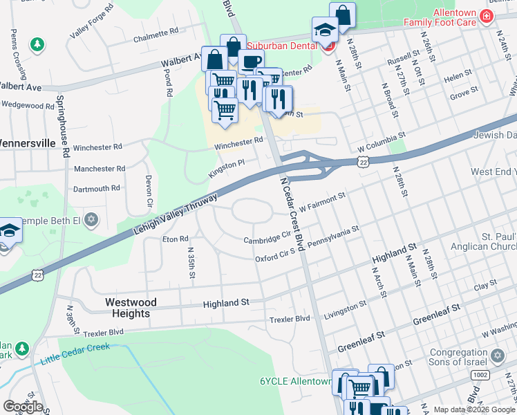 map of restaurants, bars, coffee shops, grocery stores, and more near 3204 Aberdeen Circle in Allentown