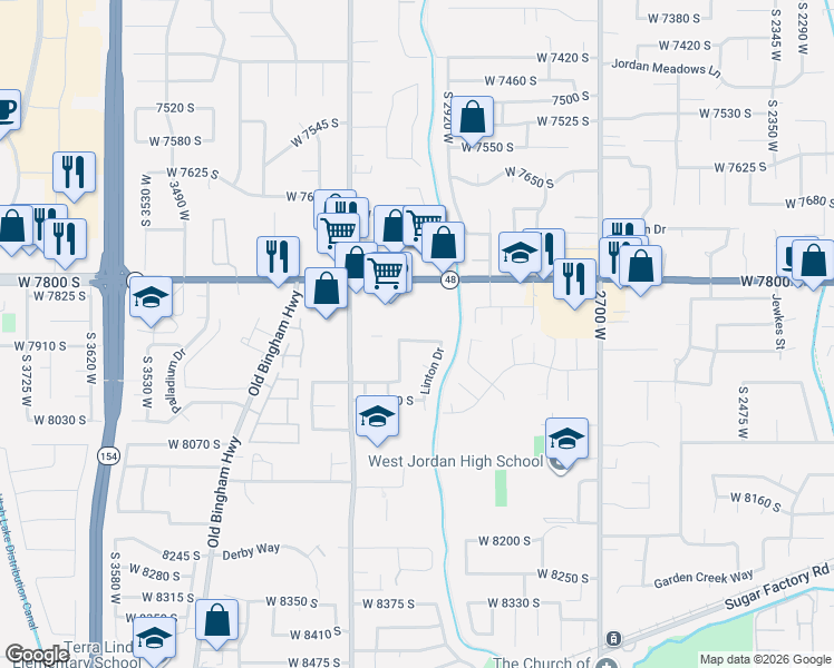 map of restaurants, bars, coffee shops, grocery stores, and more near 3066 Linton Drive in West Jordan