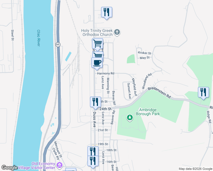 map of restaurants, bars, coffee shops, grocery stores, and more near 2617 Manning Street in Ambridge