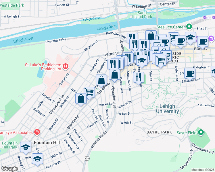 map of restaurants, bars, coffee shops, grocery stores, and more near 527 Broadway in Bethlehem