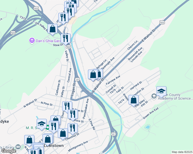 map of restaurants, bars, coffee shops, grocery stores, and more near 22 West Spanogle Avenue in Lewistown