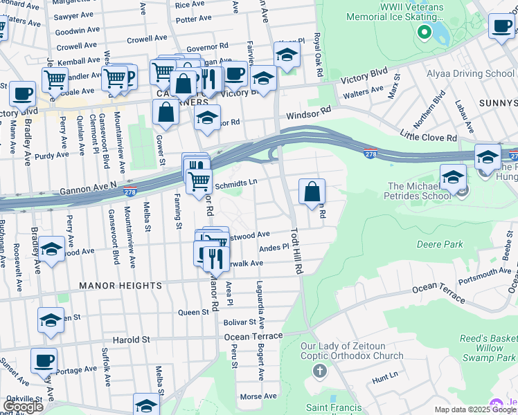 map of restaurants, bars, coffee shops, grocery stores, and more near 28 Waldo Place in Staten Island