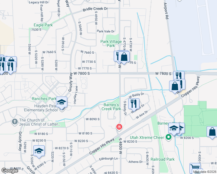 map of restaurants, bars, coffee shops, grocery stores, and more near 4868 West Bayard Lane in West Jordan