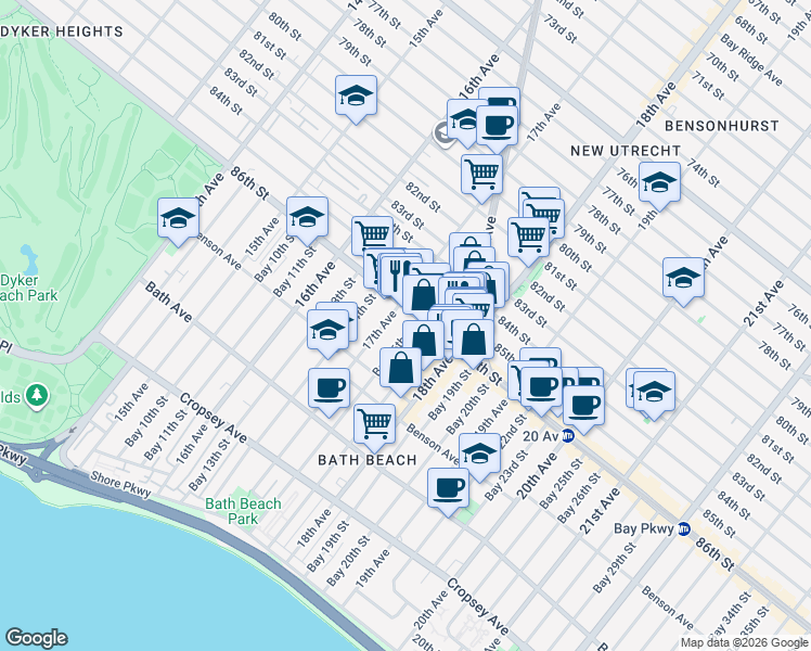 map of restaurants, bars, coffee shops, grocery stores, and more near 8614 Bay 16th Street in Brooklyn