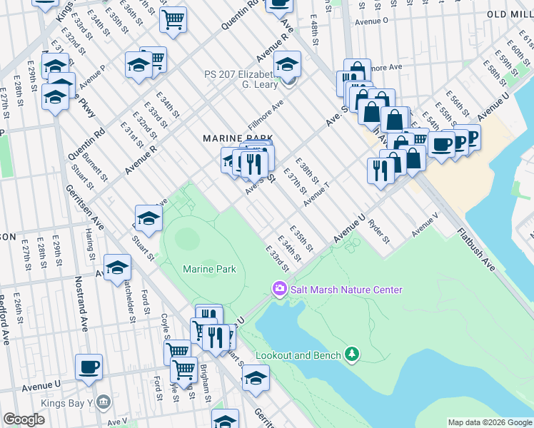 map of restaurants, bars, coffee shops, grocery stores, and more near 2040 East 34th Street in Brooklyn